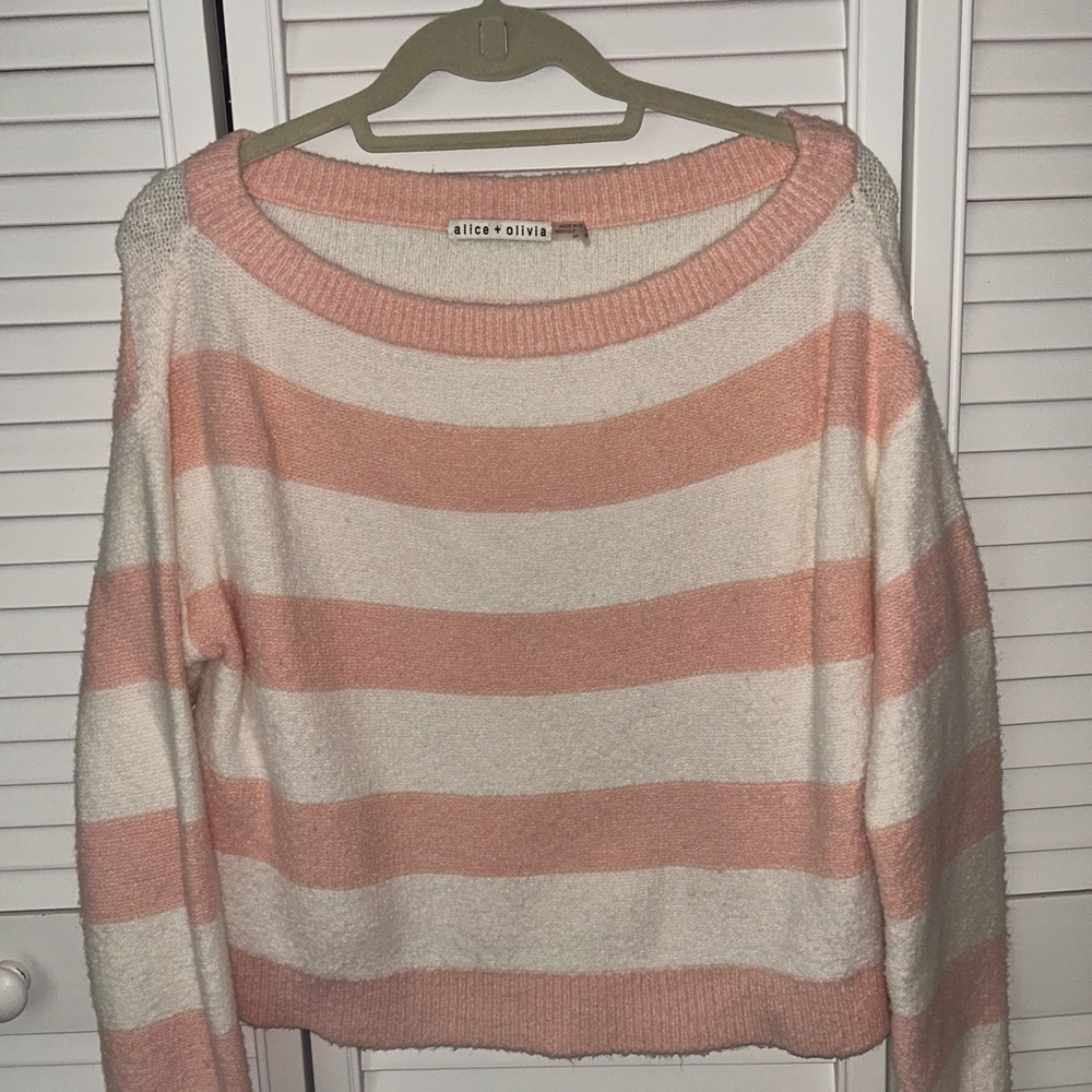 Alice + Olivia Pink and White Crew Neck Sweater